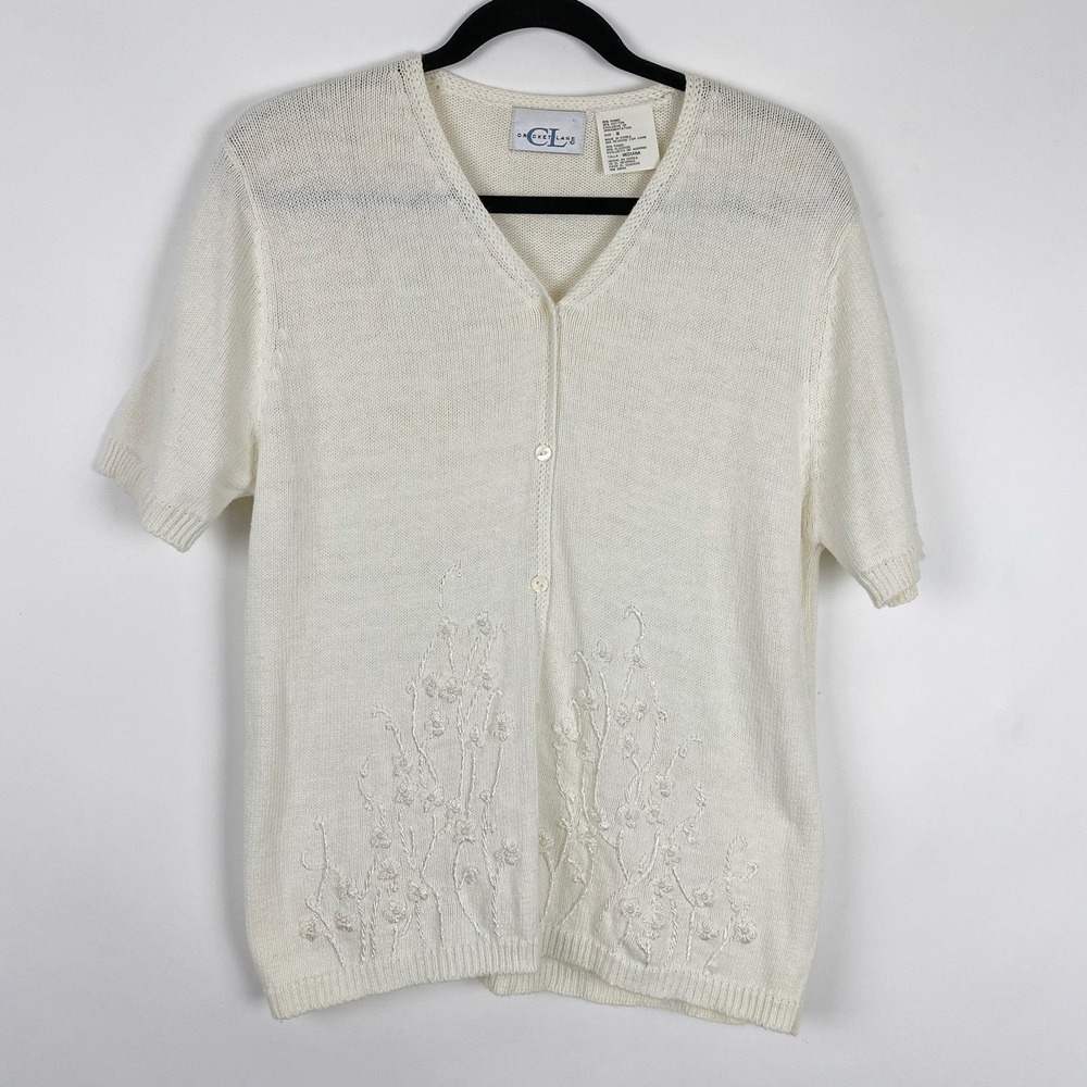 Cricket Lane Floral Embroidered Beaded Short Sleeve Cardigan Sweater Womens M‎